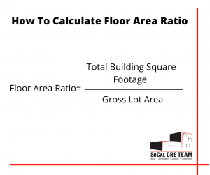Graphic shows the formula to calculate floor area ratio: dividing th total building square footage by the gross lot area. 